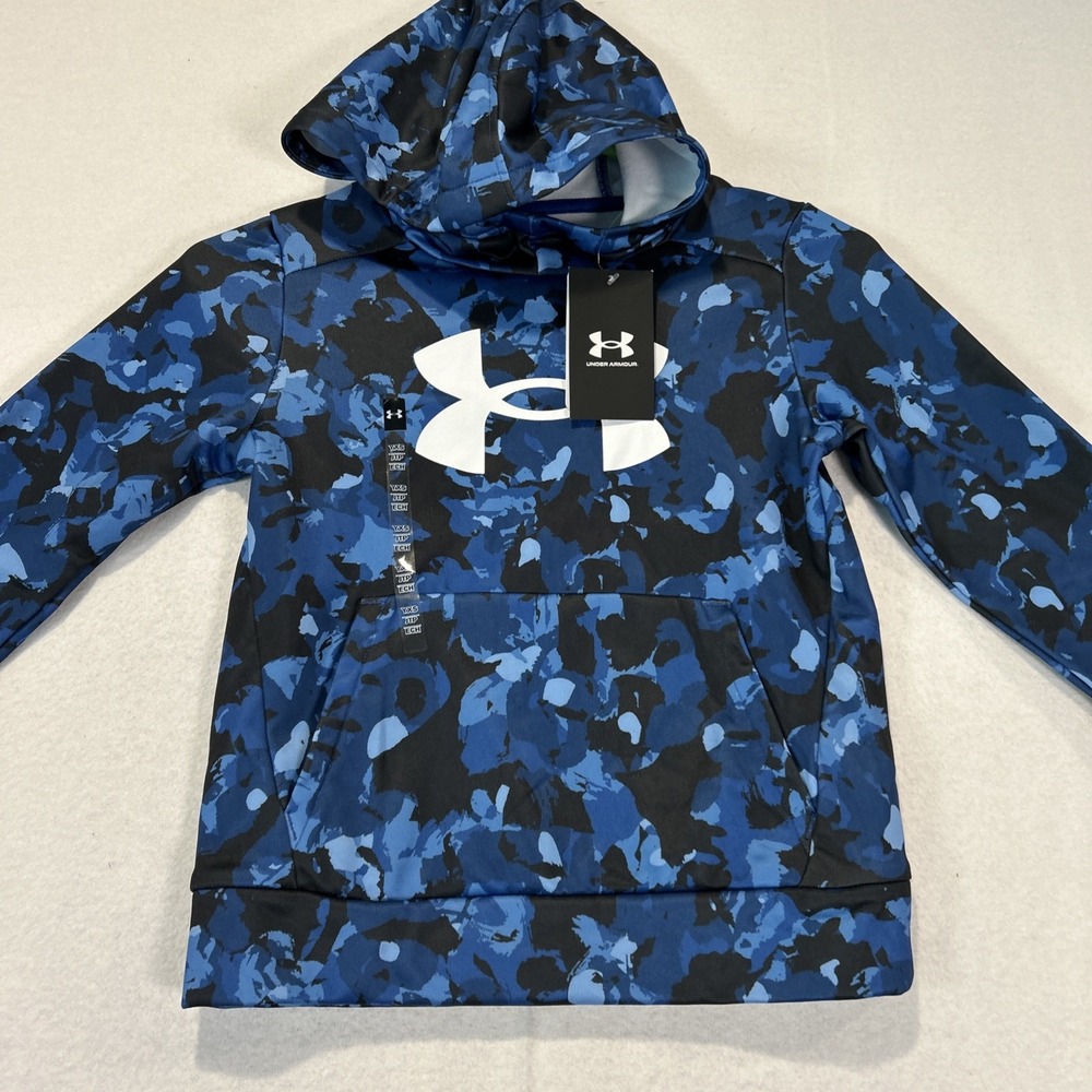 Under Armour Fleece Big Logo Printed Blue Camo Hoodie Youth XS NWT